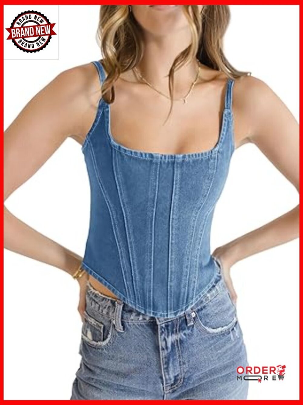Denim Corset Tank Top - Slim Fit Sleeveless Crop Top with Zipper